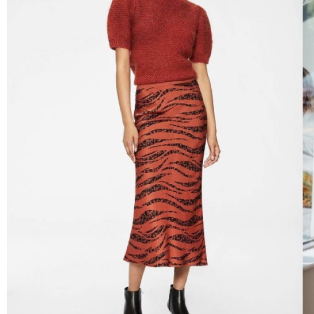 Anine Bing Bar Silk Midi Skirt, Rust Zebra. Elastic Waist Pull On Style. XS